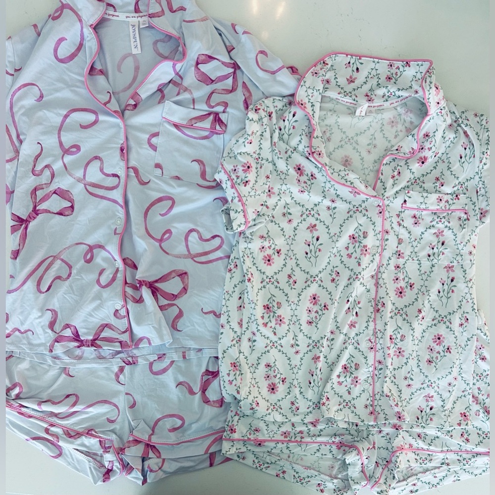 Women's Two-Piece Cotton-Blend Short Pajama Set - Pink Floral & Bow Print
